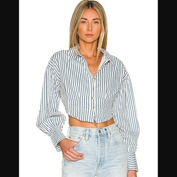 Free People Tops - Free People X Revolve Blue and White Notched Collar Crop Shirt Sz S Cotton